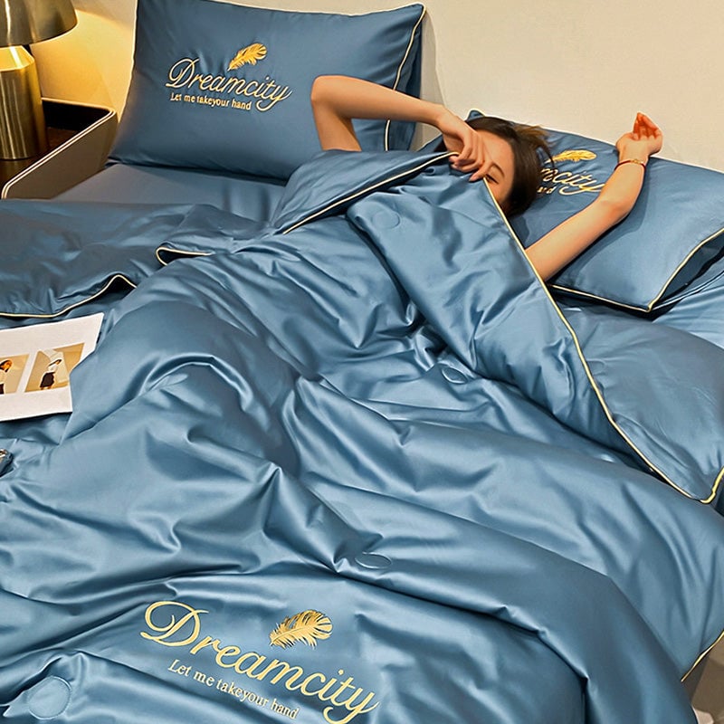 European Ice Silk Cotton Bed Four-piece Cotton Quilt Cover Summer Silk