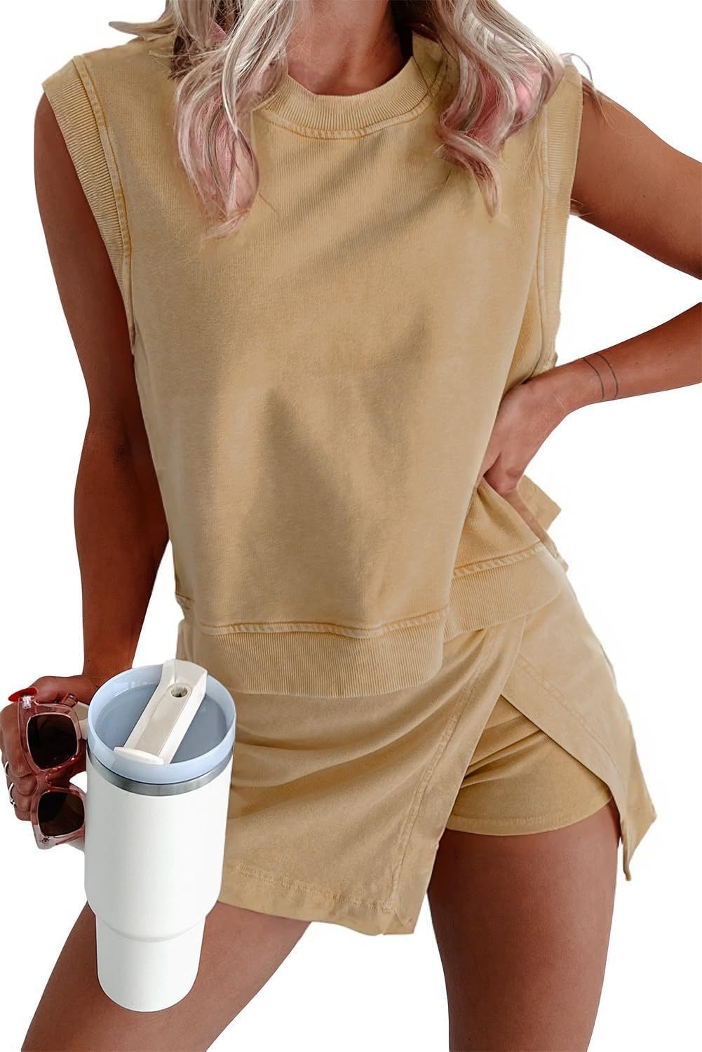 💥Women's Casual Summer 2 Piece Tank Top and Lined Split Skirt Set