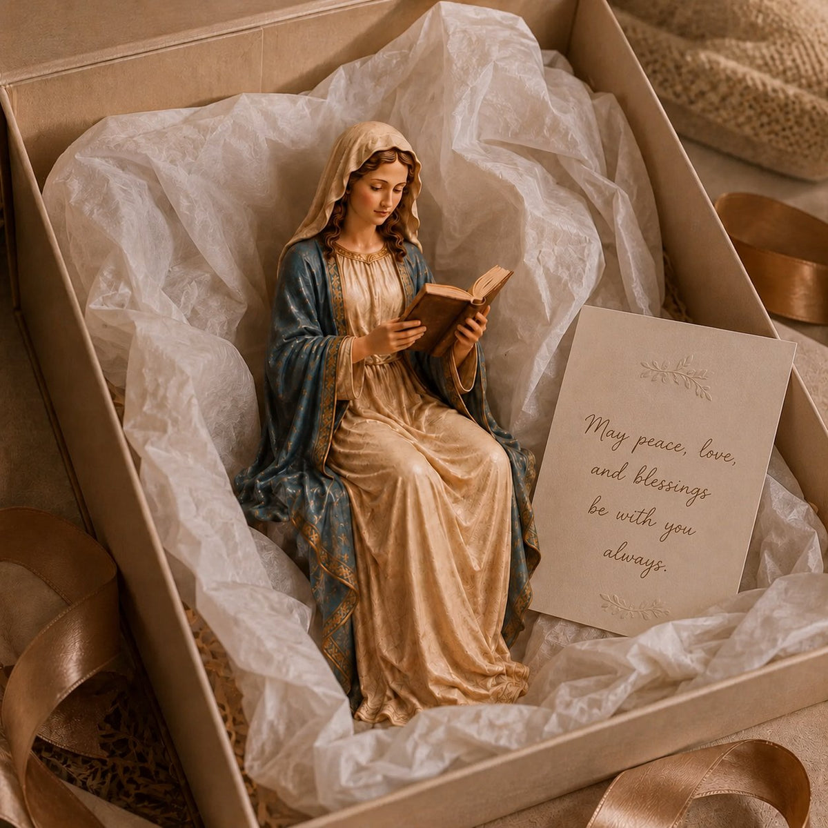 A serene statue of the Virgin Mary reading.
