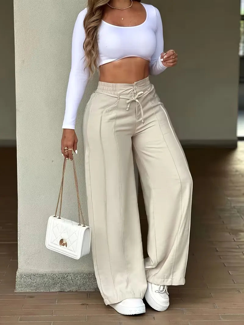 Women's Drawstring Multi-Pocket Straight-Leg Wide-Leg Pants