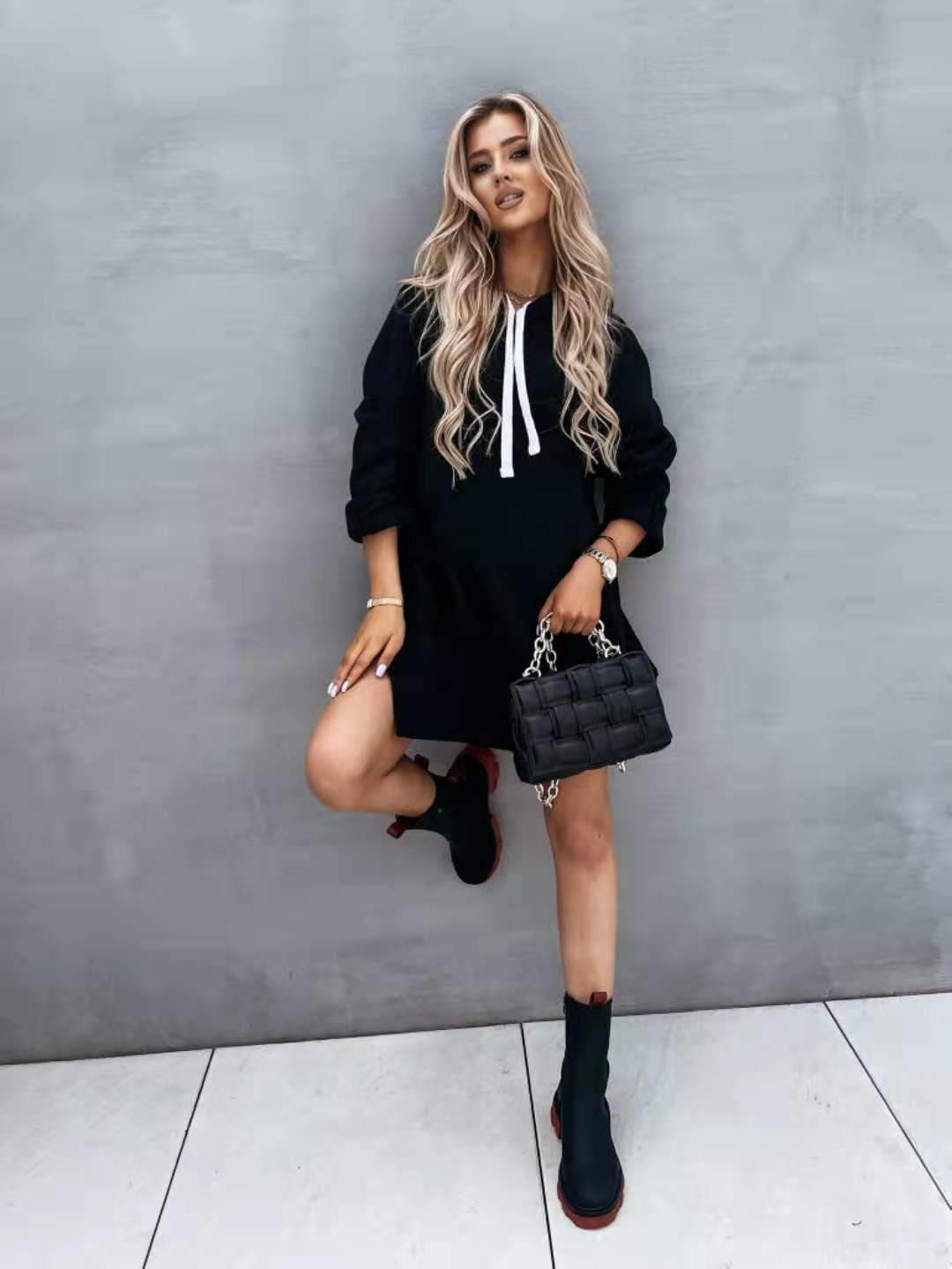 New Women's Solid Color Hooded Mid-Length Sweatshirt