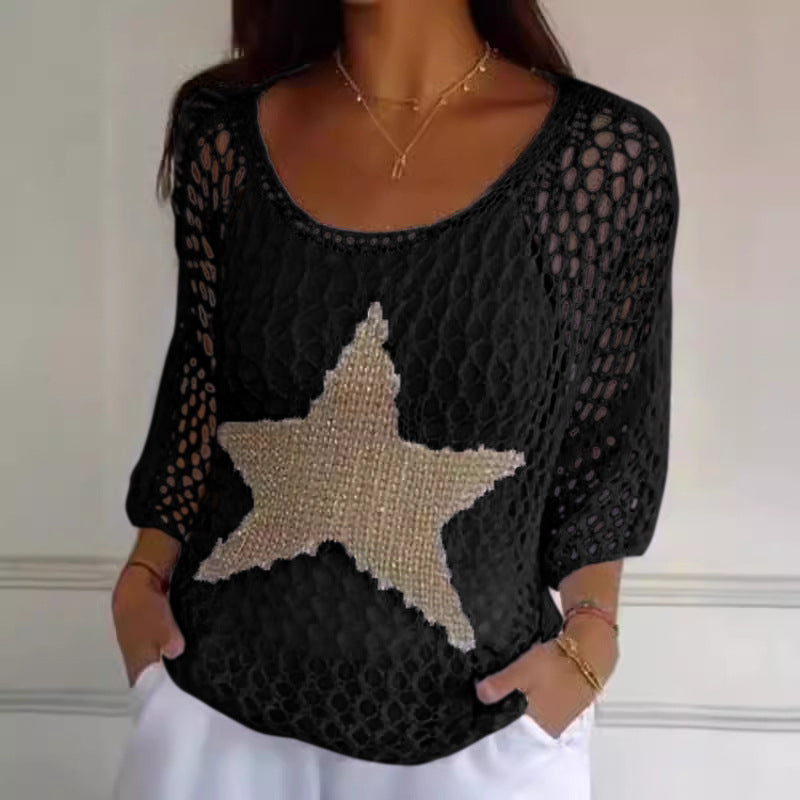 ⌛💥Women's Fashion Round Neck Crochet Knit Fishnet Top