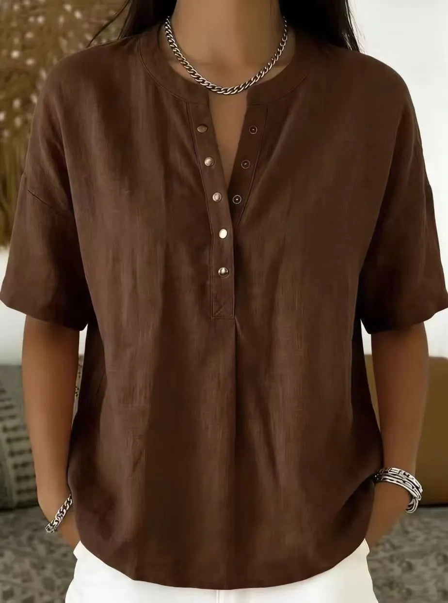 Women's Solid-Color Loose-Fit Short-Sleeve Henley Pullover