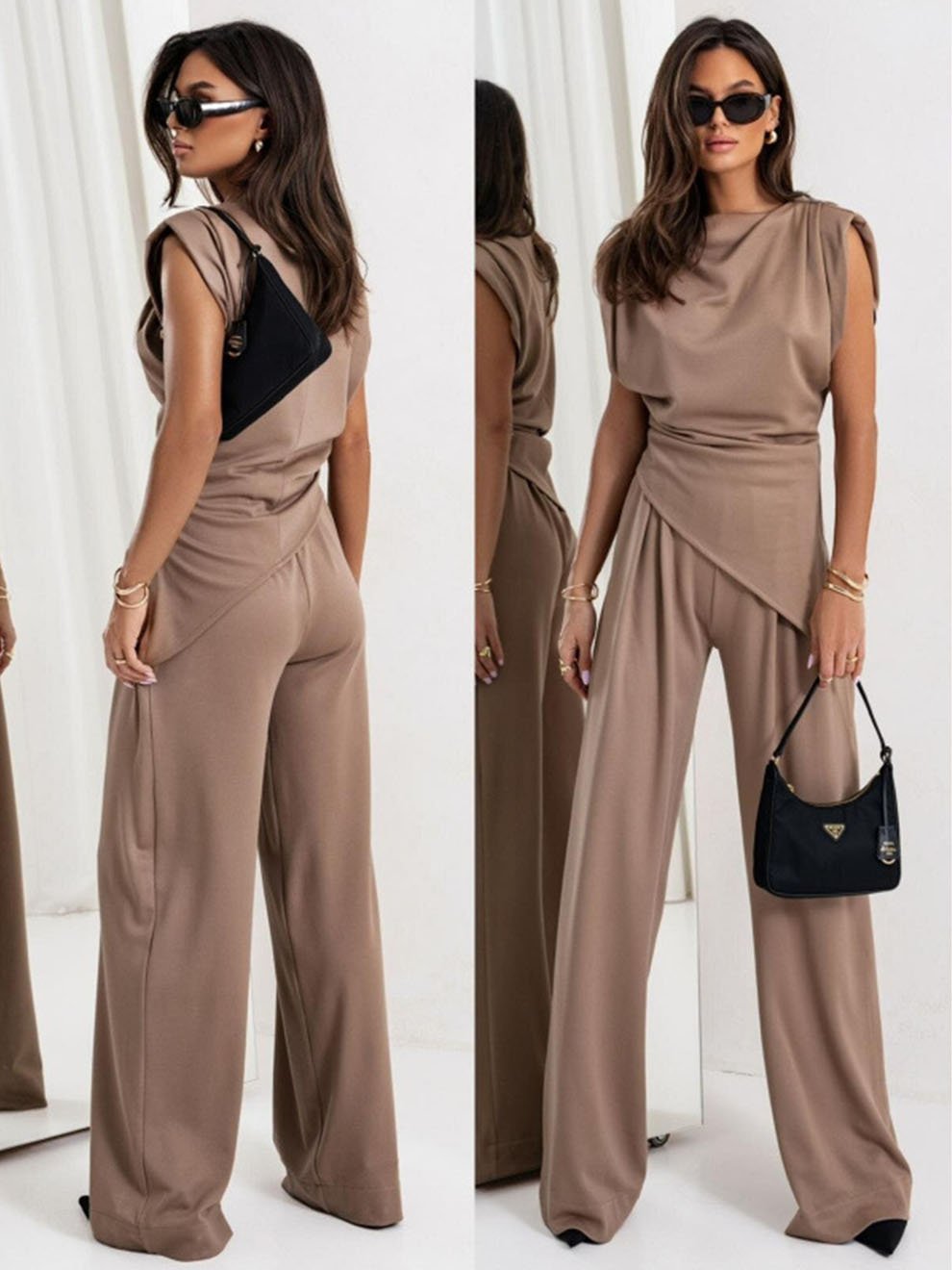Women's Round Neck Pleated Sleeveless Casual Suit