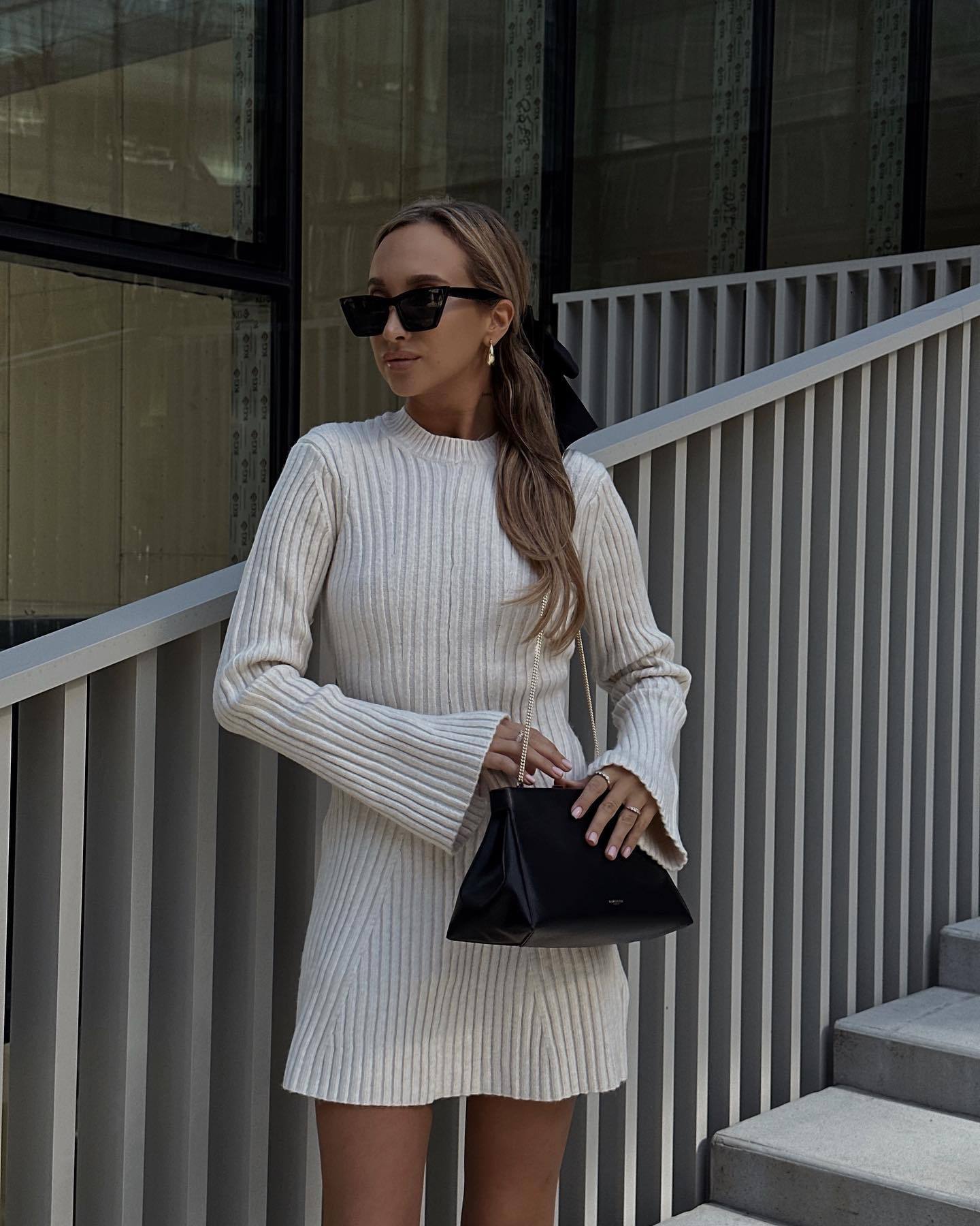 Long Sleeve Cotton & Silk Blend Rib Sweater Dress