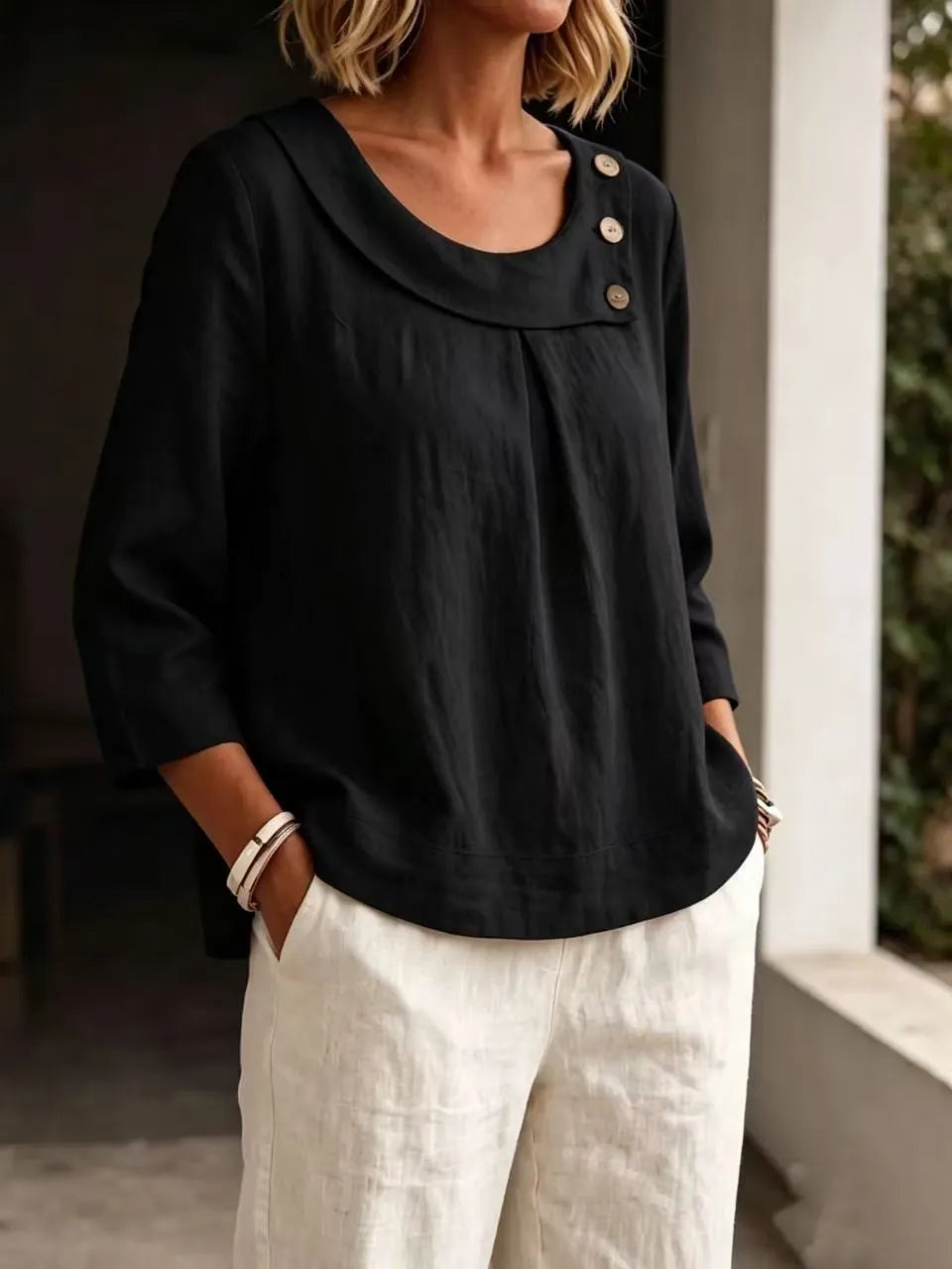 👚Women's Loose-Fit Linen Crew-Neck Shirt💕