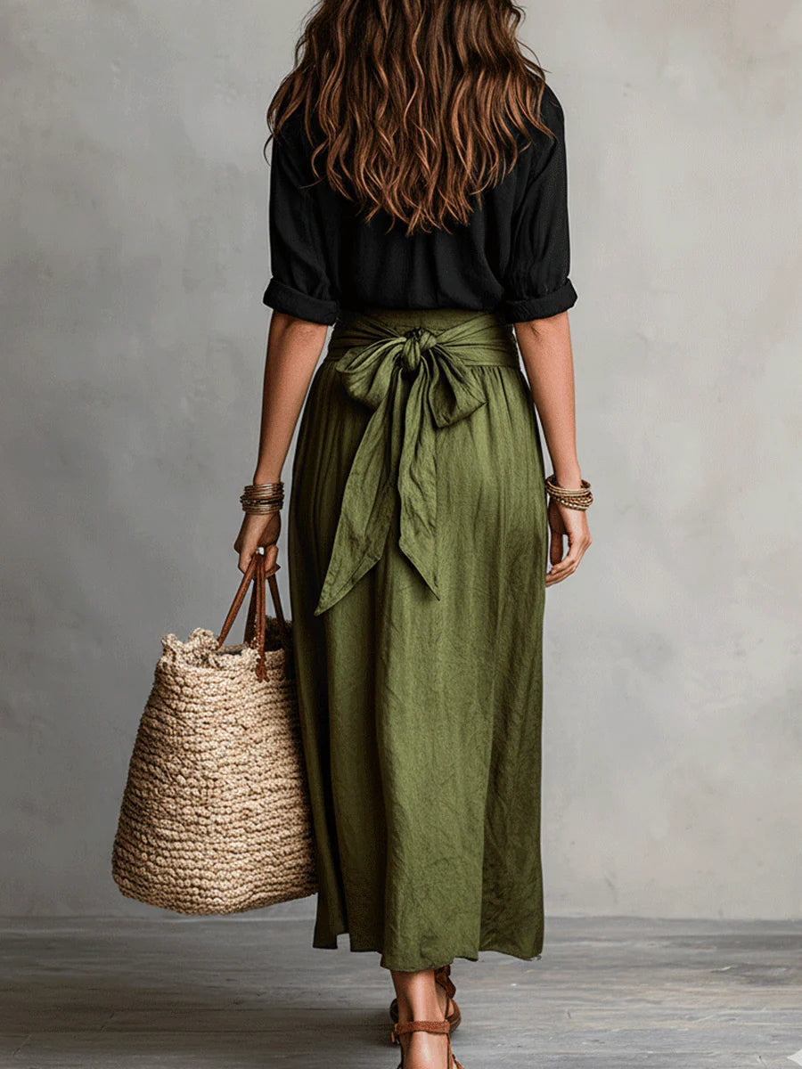 ⛱️New Summer Arrivals - Women's Black Color-Block T-Shirt and Olive Green Midi Skirt