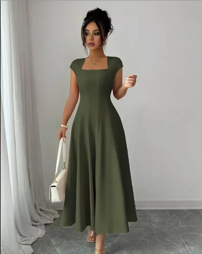 💃Women's Solid-Color Square-Neck A-Line Midi Dress