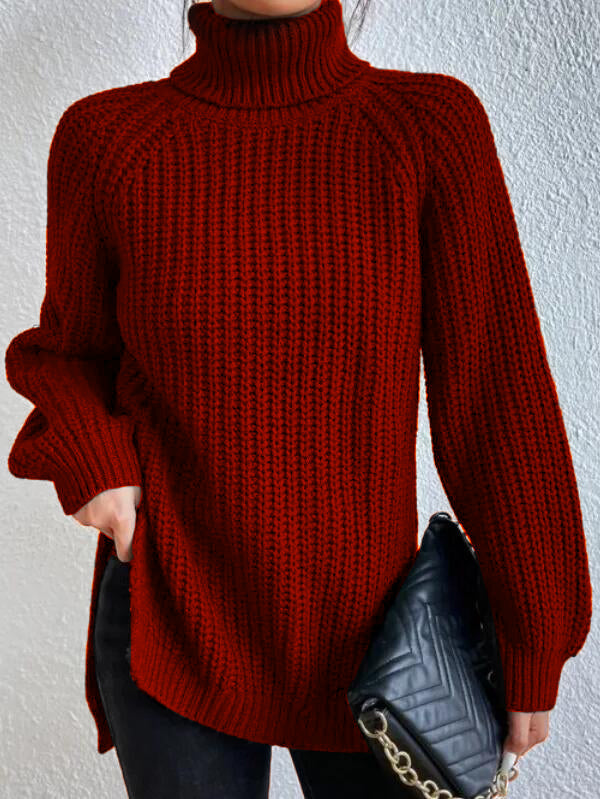 Cotton Turtleneck Raglan Sleeve Split Hem Sweater