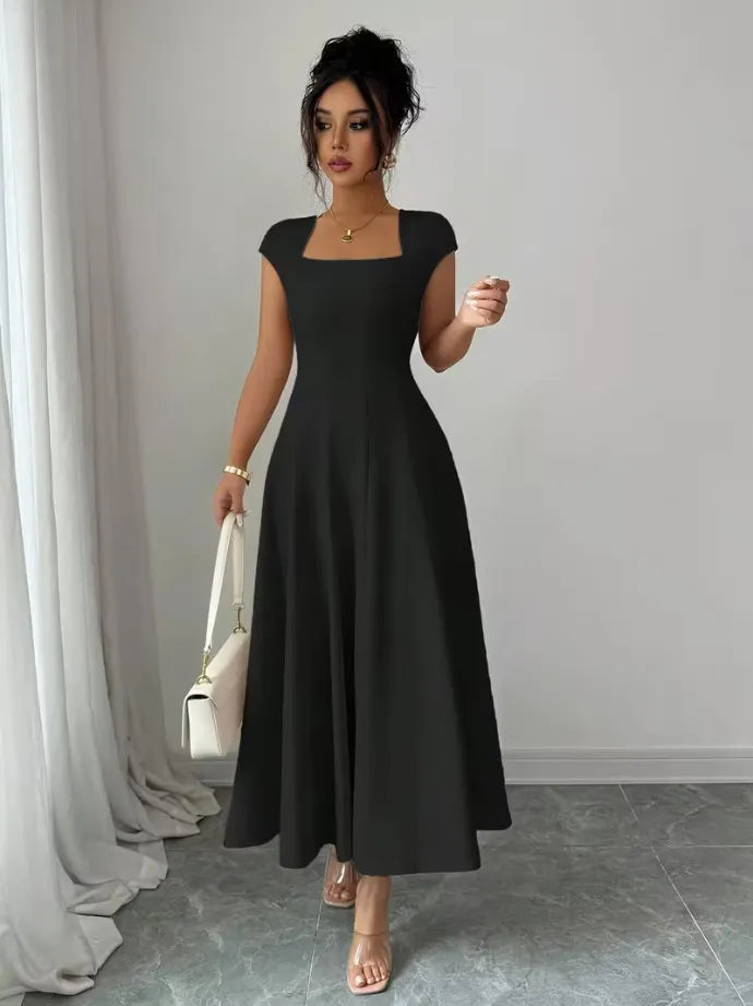 💃Women's Solid-Color Square-Neck A-Line Midi Dress