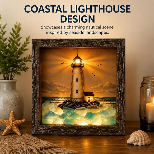 💡Handcrafted: 3D Coastal Lighthouse & Sea Glass Shadow Box Night Light
