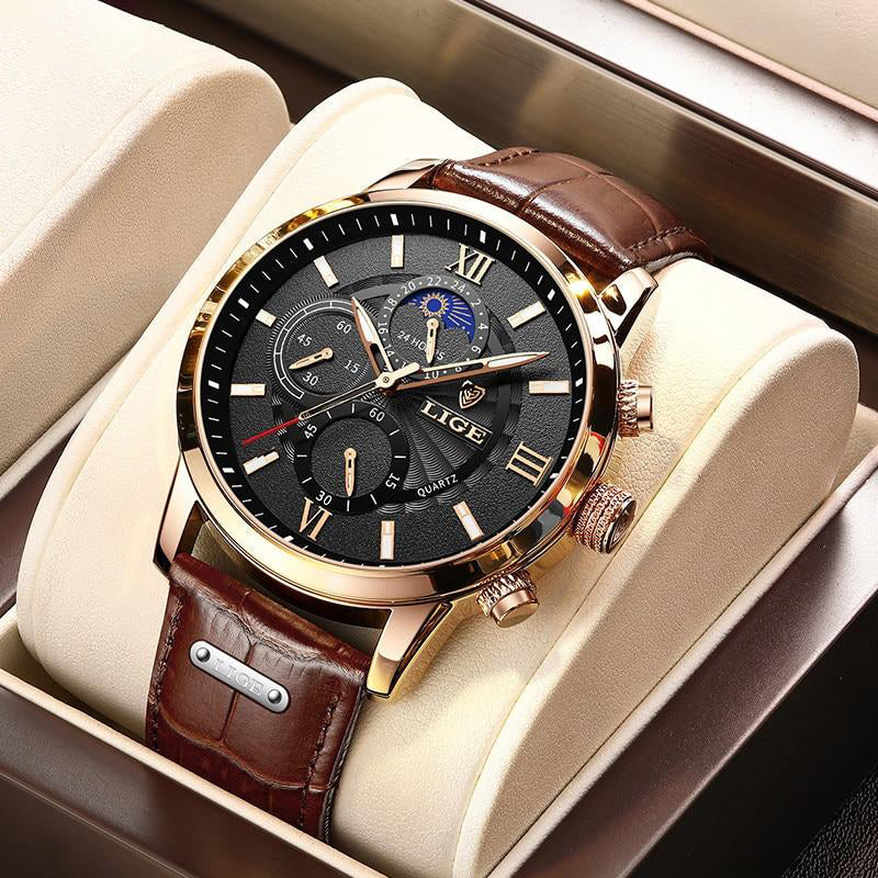 New Brown Leather Mens Watch Top Brand Fashion Waterproof Watch For Men