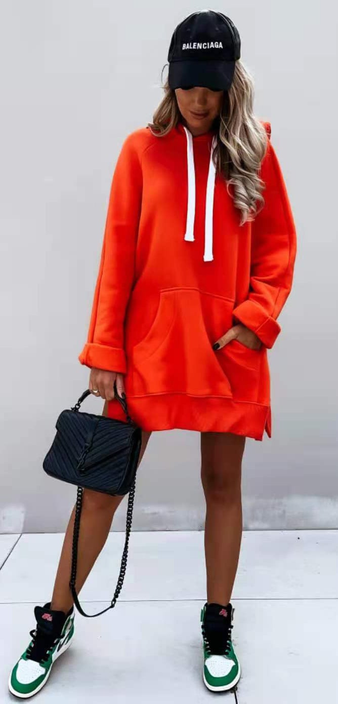 New Women's Solid Color Hooded Mid-Length Sweatshirt