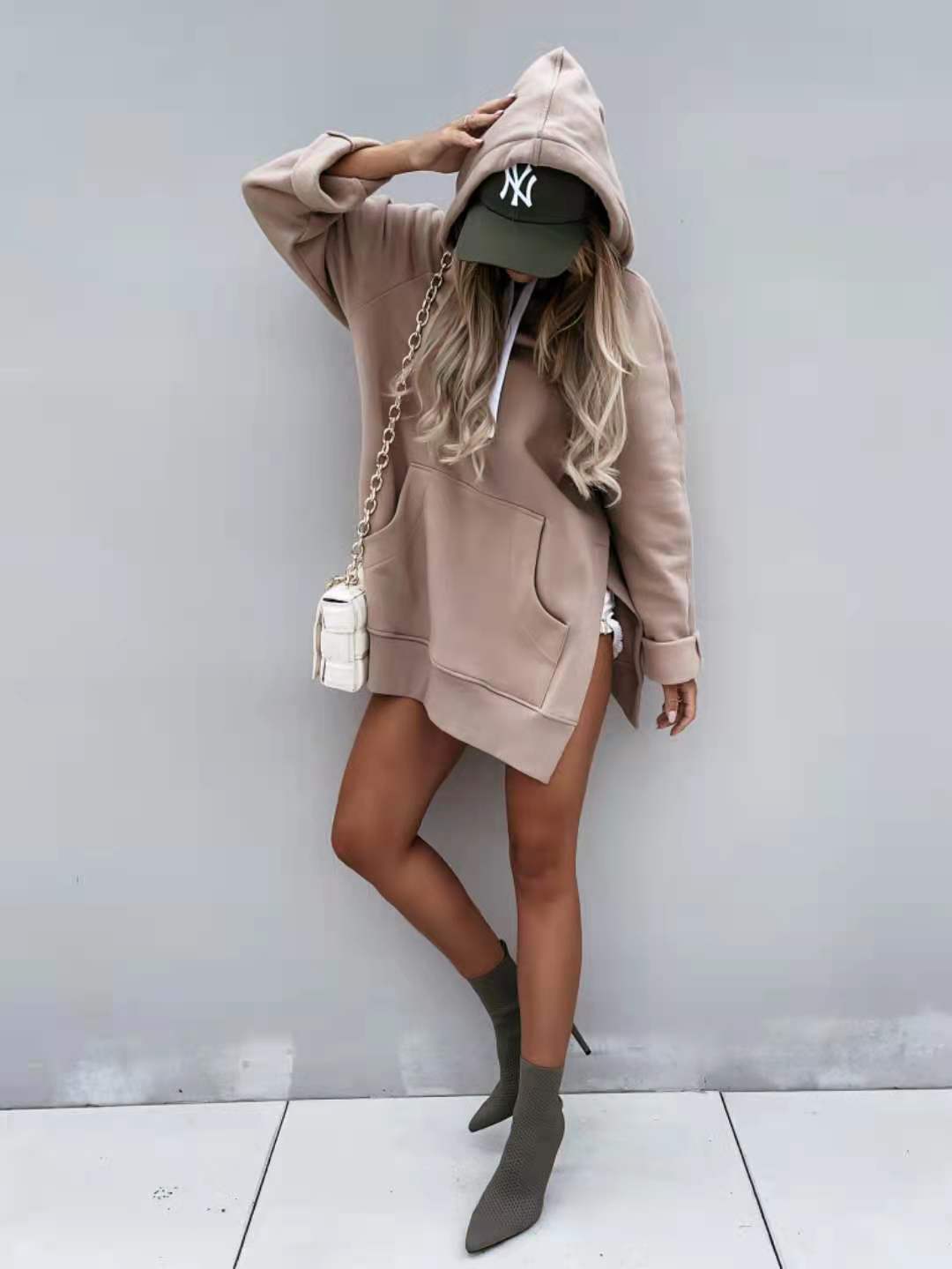 New Women's Solid Color Hooded Mid-Length Sweatshirt
