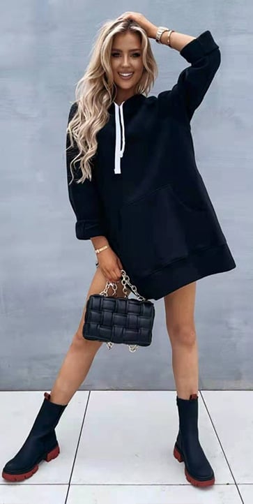 New Women's Solid Color Hooded Mid-Length Sweatshirt