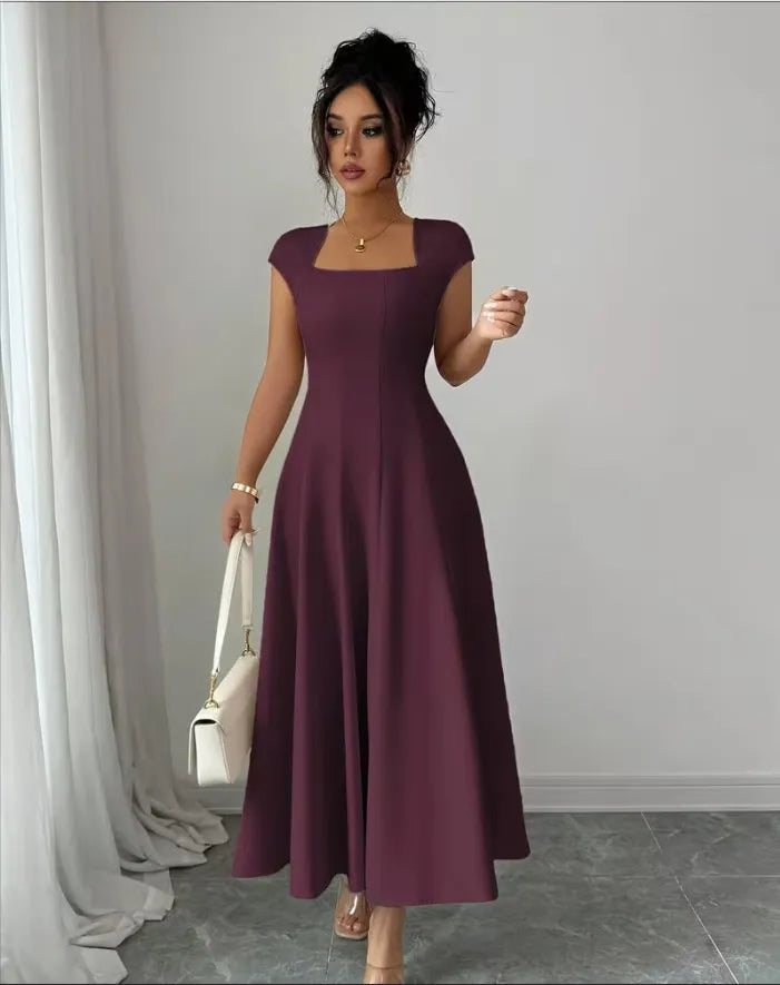 💃Women's Solid-Color Square-Neck A-Line Midi Dress