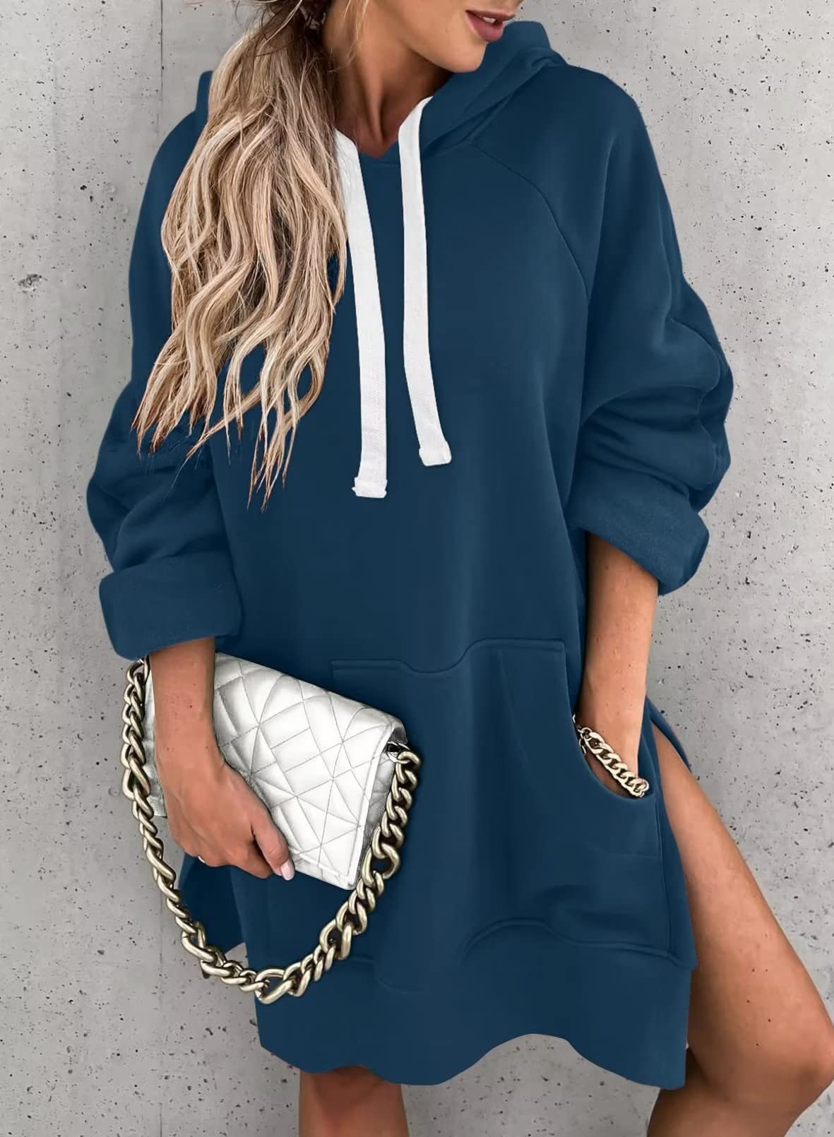 New Women's Solid Color Hooded Mid-Length Sweatshirt