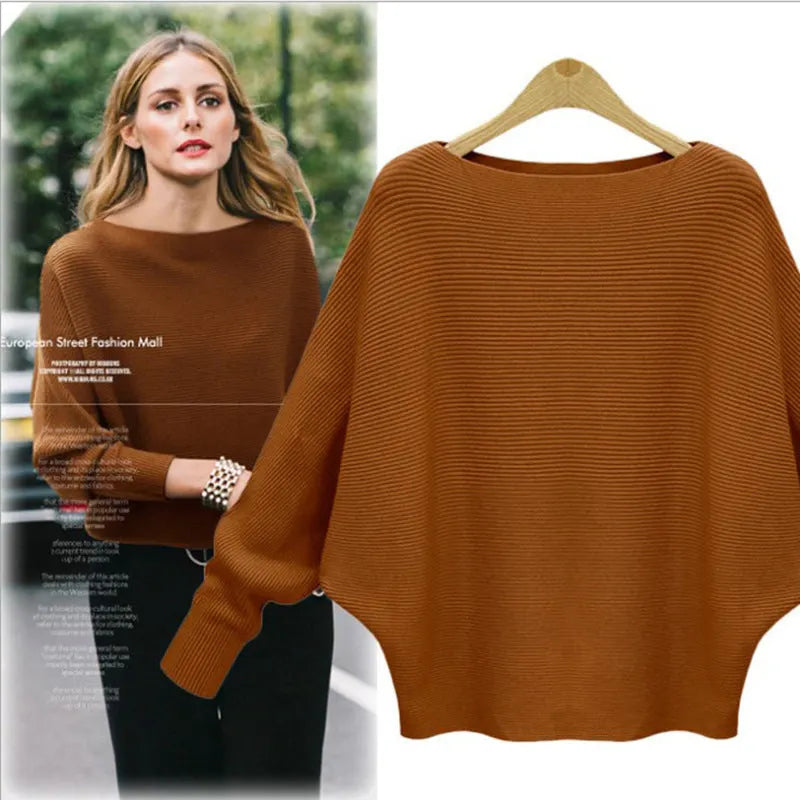 Women's Boat Neck Bat Sleeve Knitted Sweater