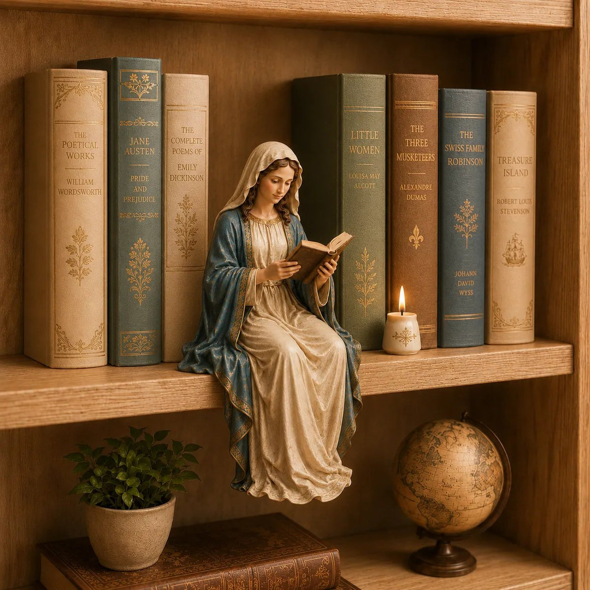 A serene statue of the Virgin Mary reading.