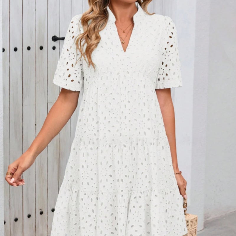 💥💃Women's Elegant Hollow Out Lace Ruffle Casual Mini Dress