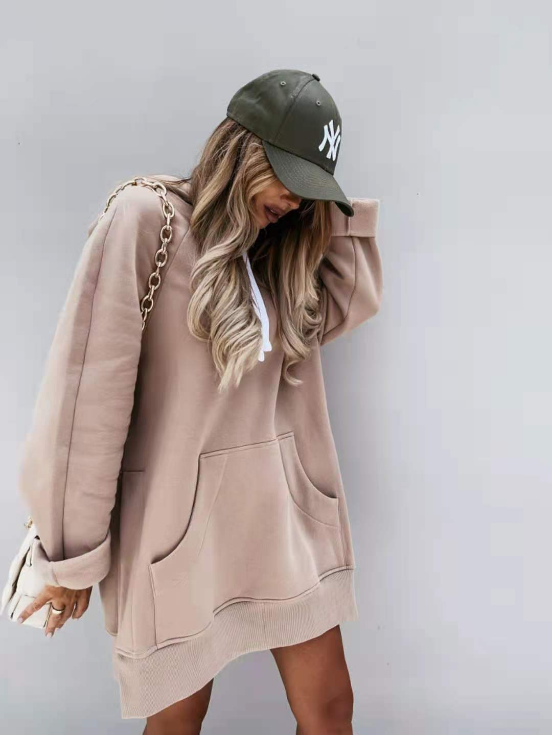 New Women's Solid Color Hooded Mid-Length Sweatshirt