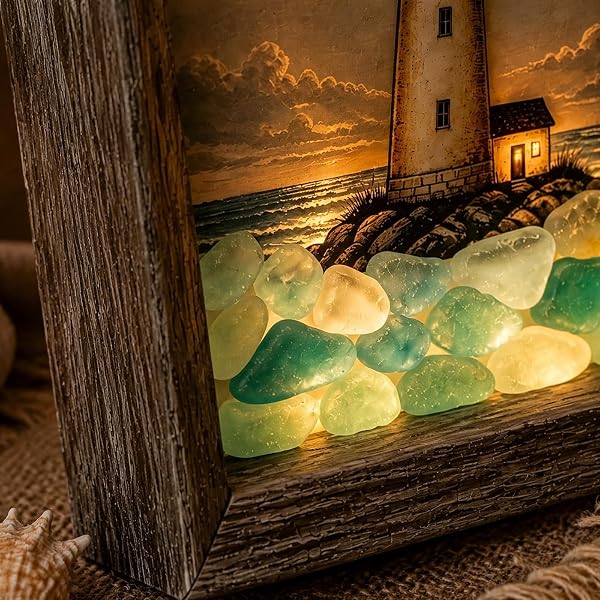 💡Handcrafted: 3D Coastal Lighthouse & Sea Glass Shadow Box Night Light