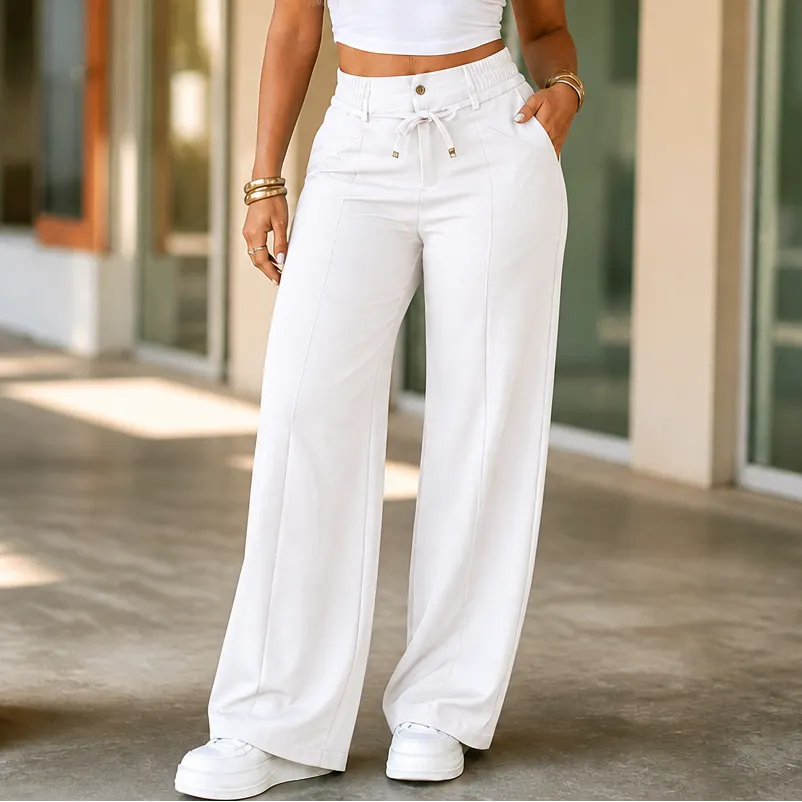 Women's Drawstring Multi-Pocket Straight-Leg Wide-Leg Pants