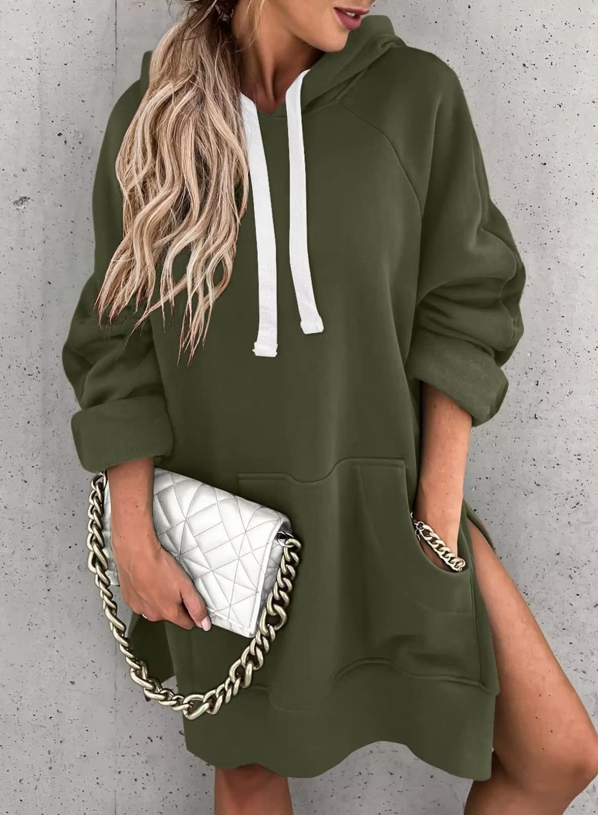 New Women's Solid Color Hooded Mid-Length Sweatshirt