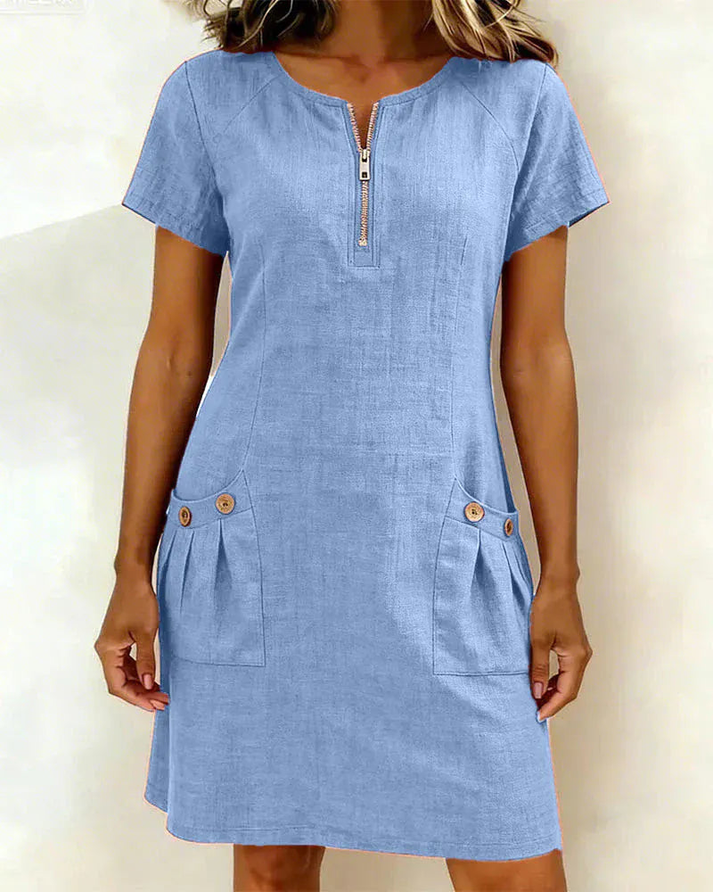 💃50% off🏝️Women's Summer Cotton-Linen Dress with Zipper Pockets