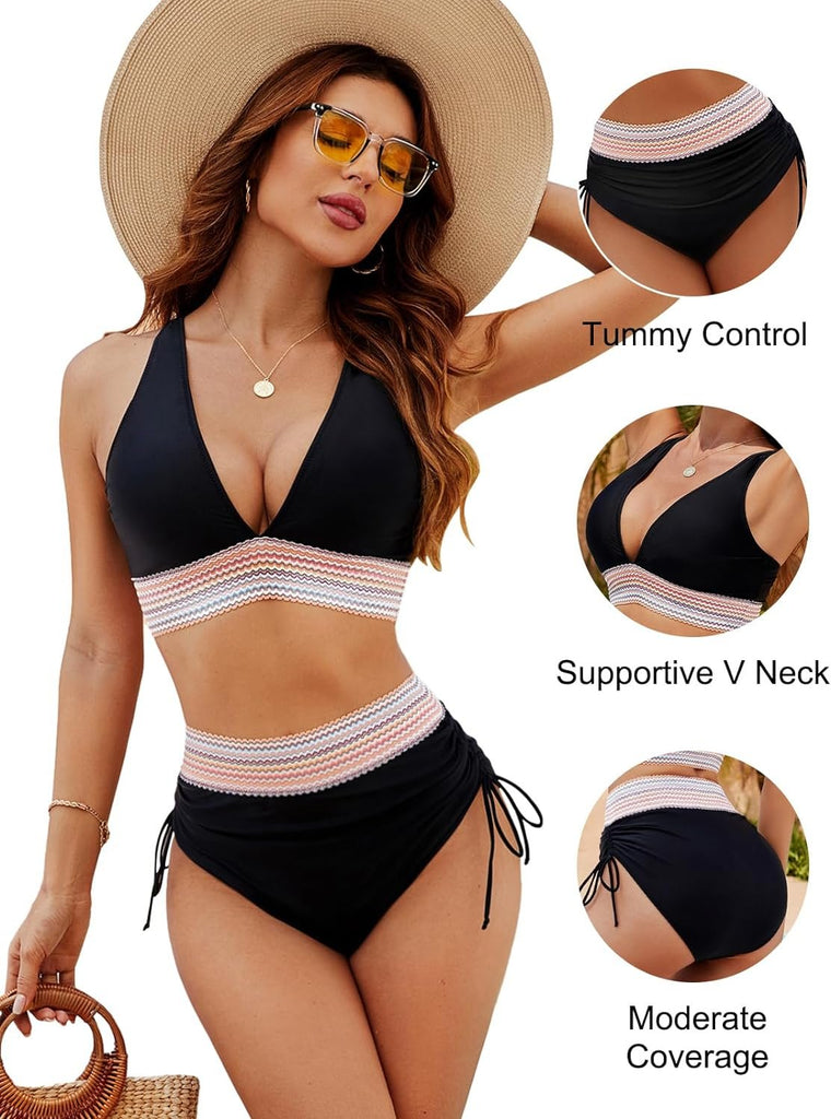 🎁2025 High Waisted Tummy Control Color Block Bikini Sets
