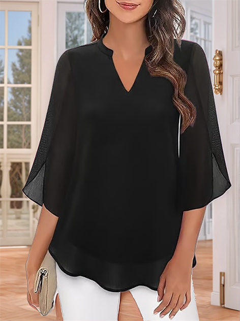 🌹Women's Plain Short Sleeve V-Neck Chiffon Blouse