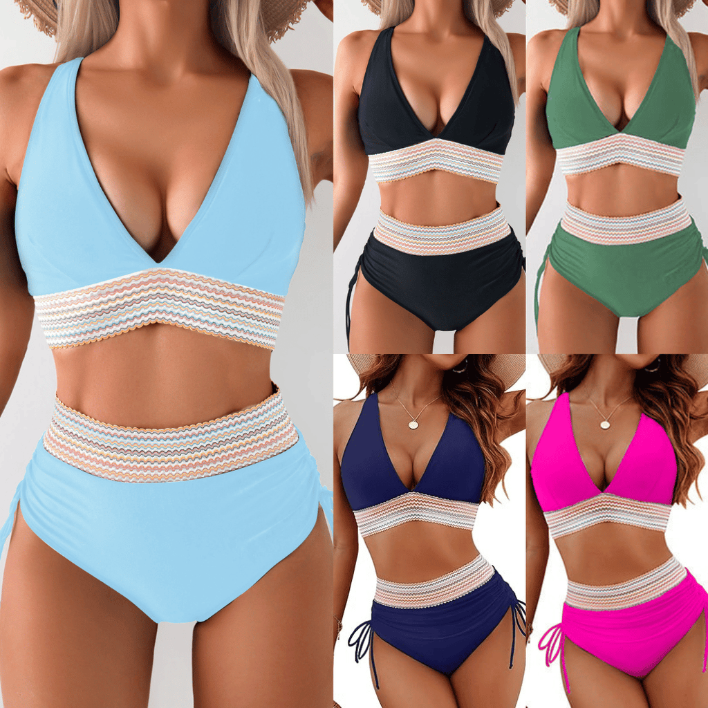 🎁2025 High Waisted Tummy Control Color Block Bikini Sets