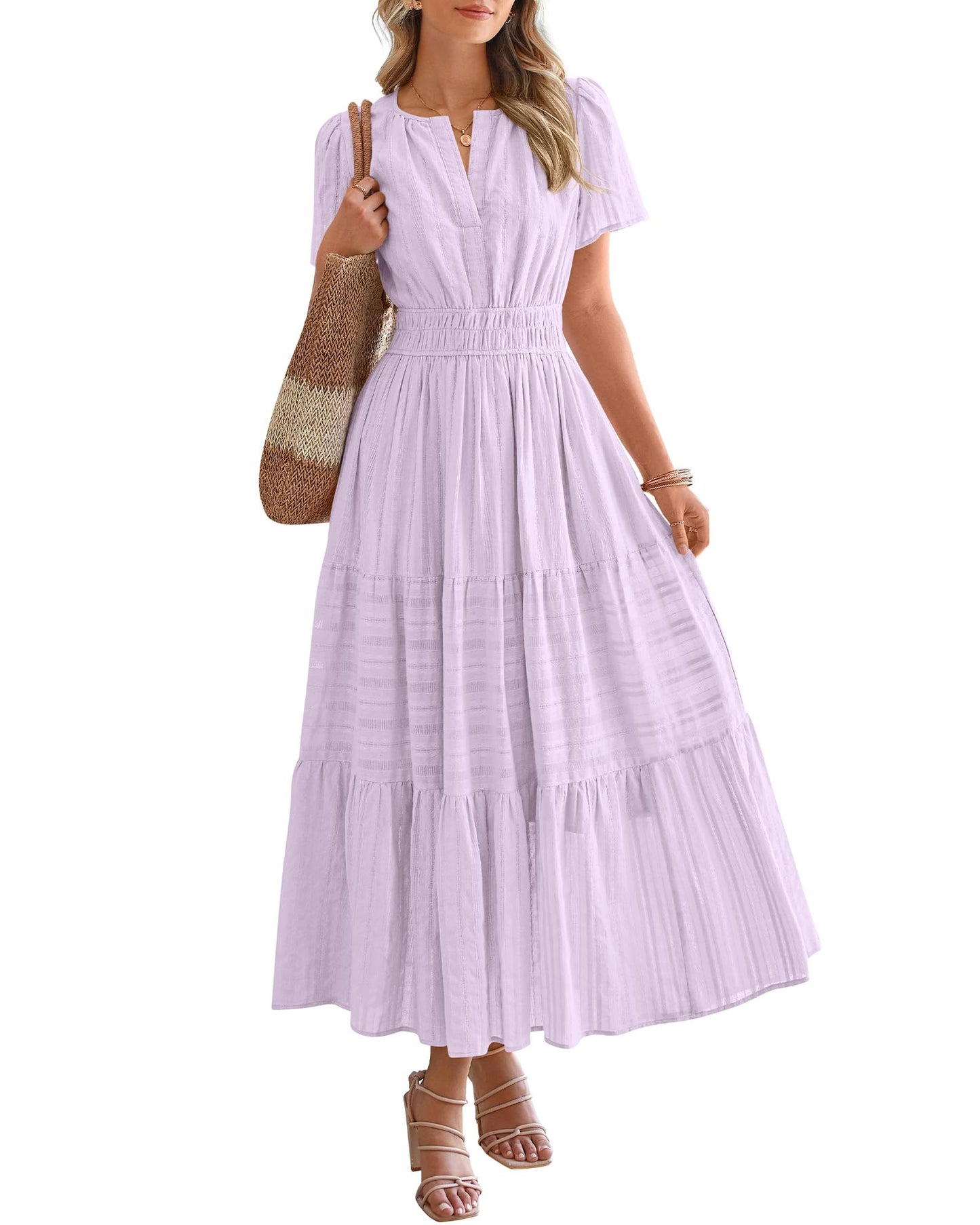 🎉Women's Lightweight Short Sleeve V Neck Elastic Waist Dress