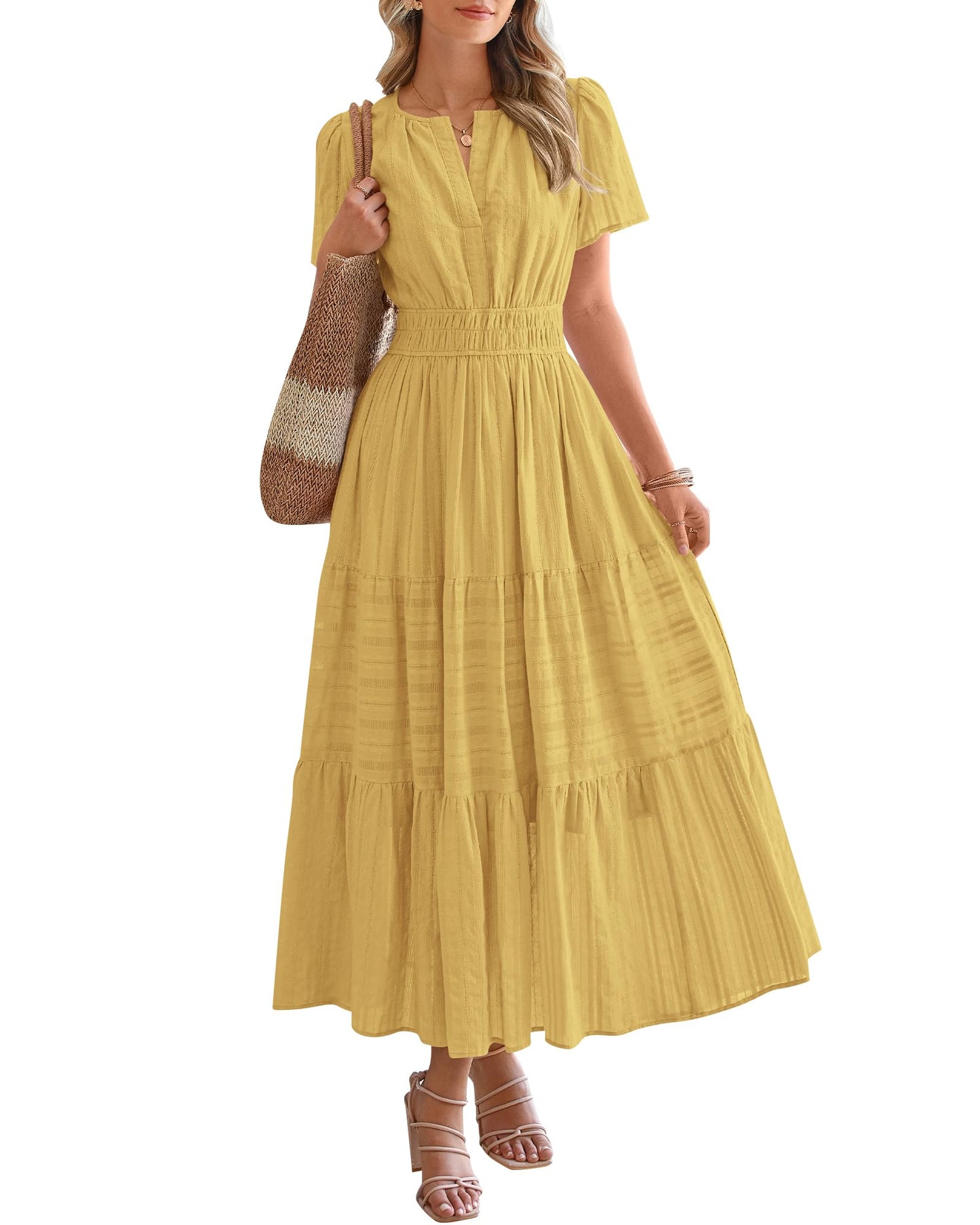 🎉Women's Lightweight Short Sleeve V Neck Elastic Waist Dress