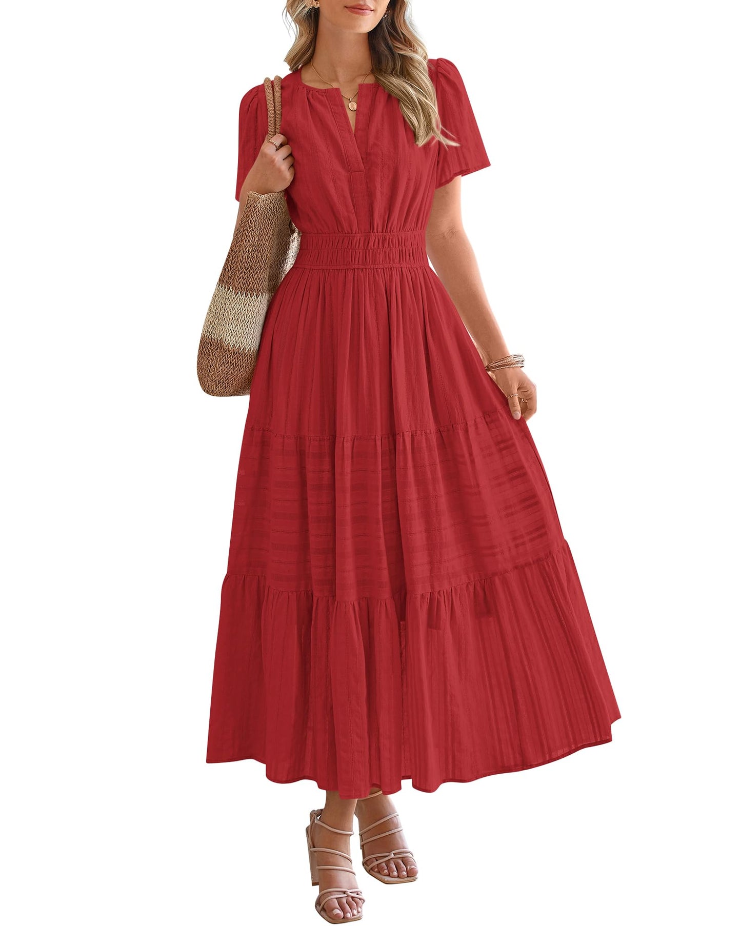 🎉Women's Lightweight Short Sleeve V Neck Elastic Waist Dress