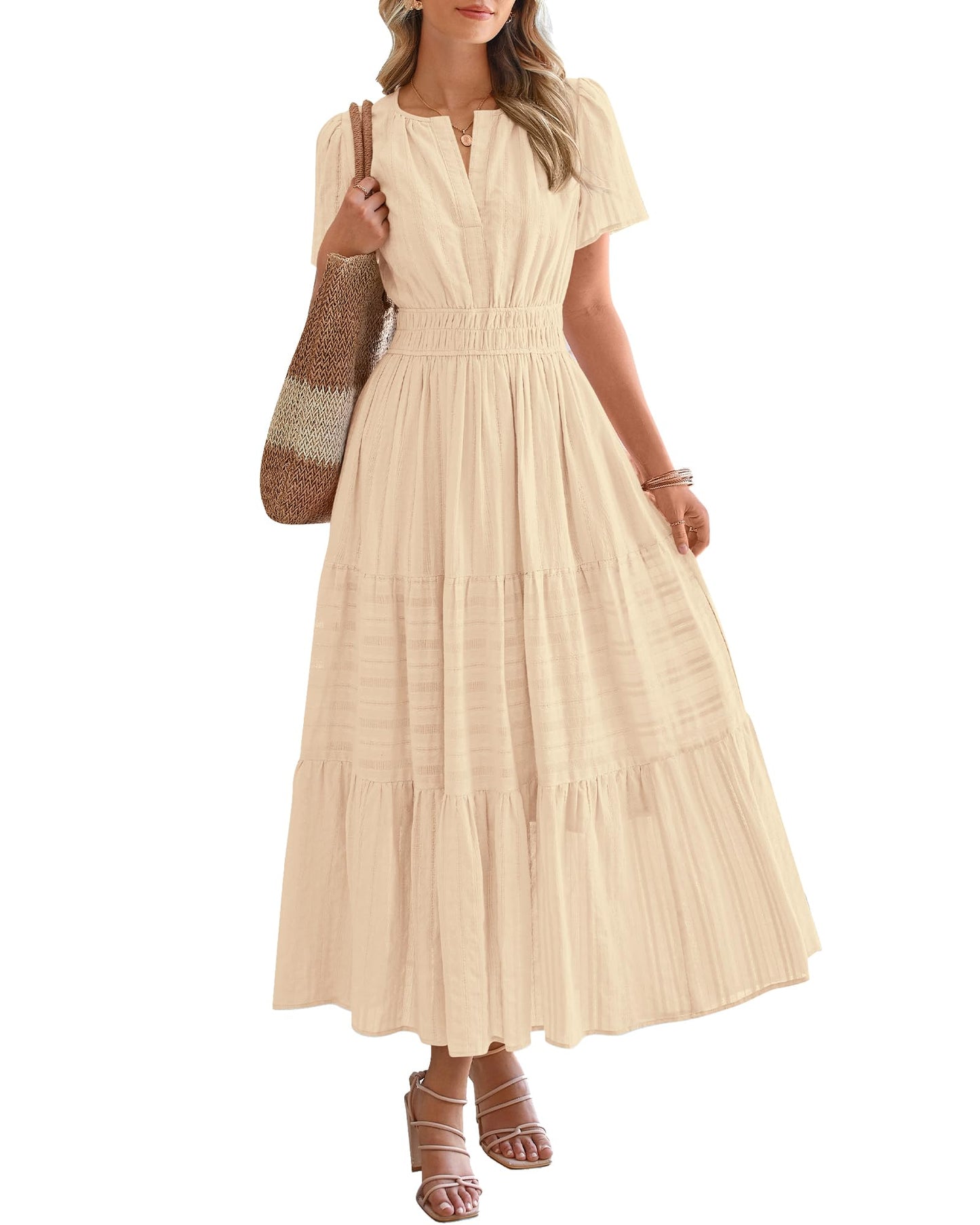 🎉Women's Lightweight Short Sleeve V Neck Elastic Waist Dress