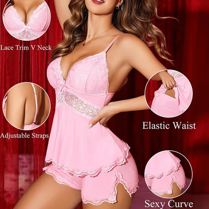 💕Lace Trimmed V-Neck Camisole & Shorts Sleepwear Set