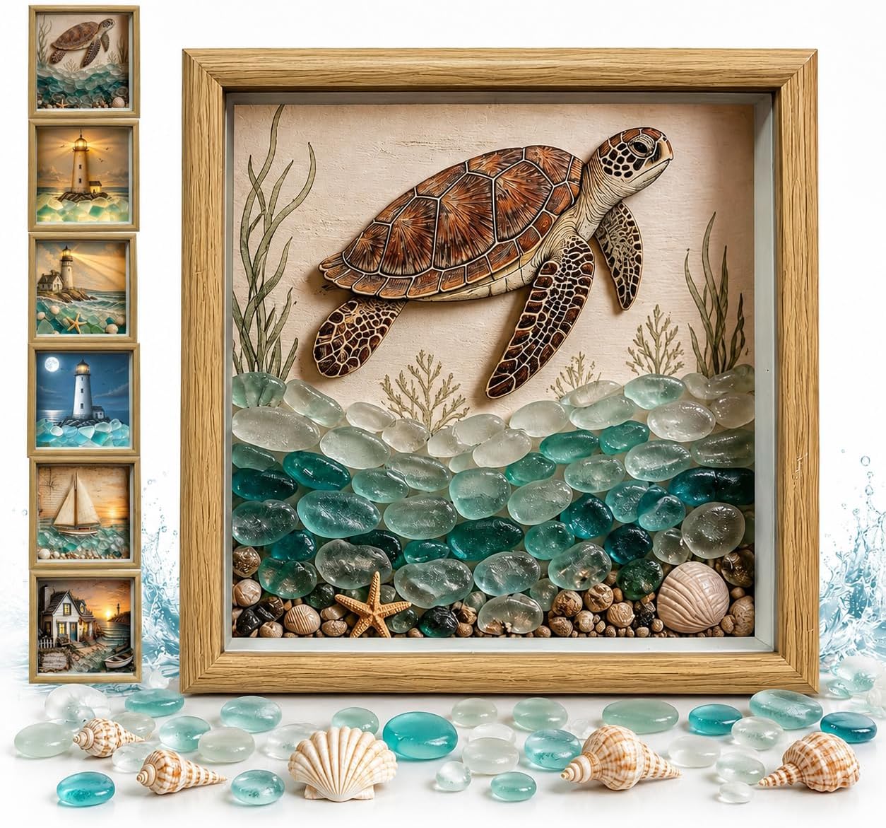 💡Handcrafted: 3D Coastal Lighthouse & Sea Glass Shadow Box Night Light