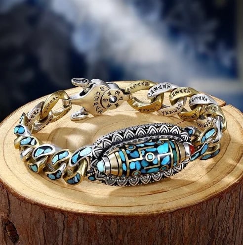 Turquoise Six-character Mantra Nine-eyed Dzi Bead Ring & Bracelets