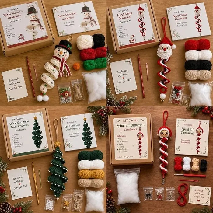 🎉☃️ Crochet Snowman Spiral Ornament DIY Kit | Complete Beginner-Friendly Set with Soft Yarn, Crochet Hook, Festive Beads, Snowflakes & Step-by-Step Guide 🧶🎄✨