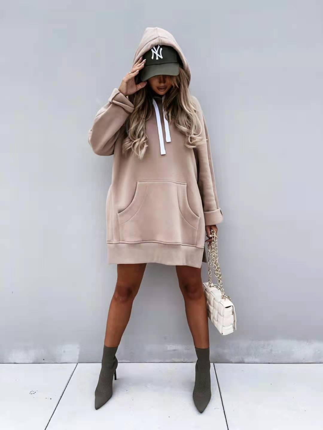 New Women's Solid Color Hooded Mid-Length Sweatshirt