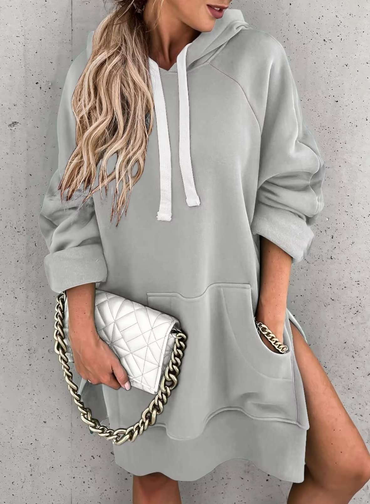New Women's Solid Color Hooded Mid-Length Sweatshirt