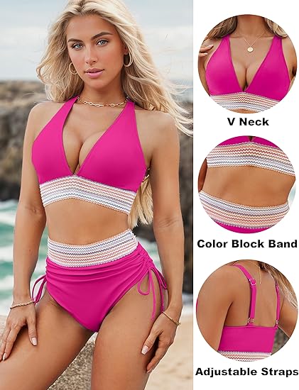 🎁2025 High Waisted Tummy Control Color Block Bikini Sets