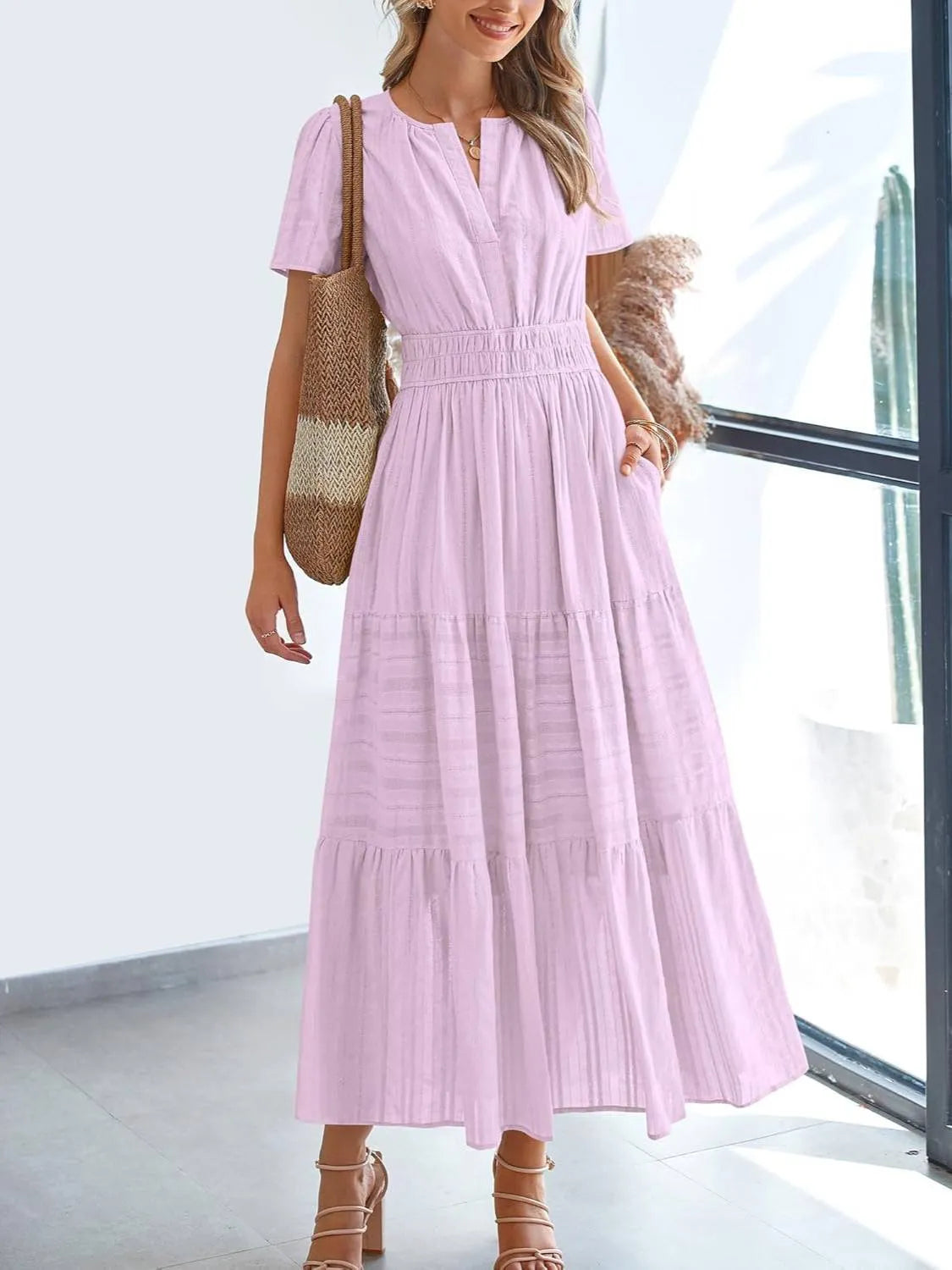 🎉Women's Lightweight Short Sleeve V Neck Elastic Waist Dress