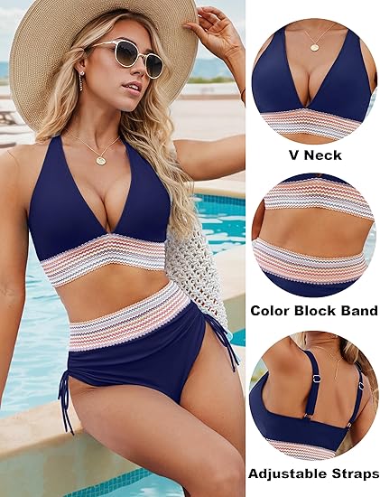 🎁2025 High Waisted Tummy Control Color Block Bikini Sets