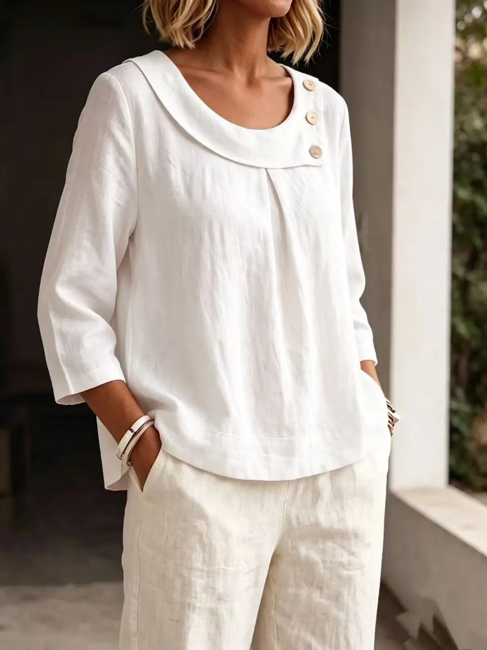 👚Women's Loose-Fit Linen Crew-Neck Shirt💕