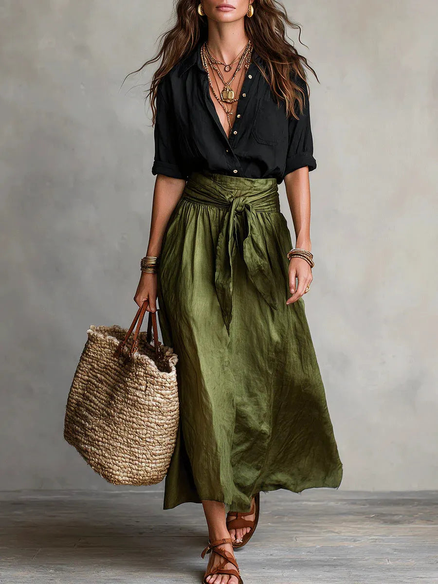 ⛱️New Summer Arrivals - Women's Black Color-Block T-Shirt and Olive Green Midi Skirt