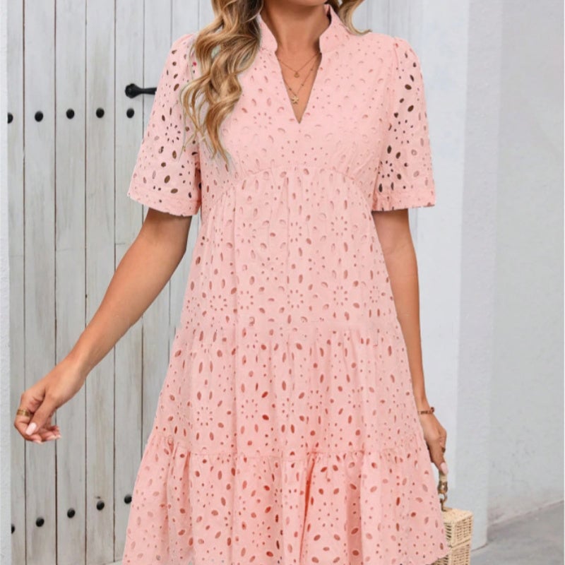 💥💃Women's Elegant Hollow Out Lace Ruffle Casual Mini Dress