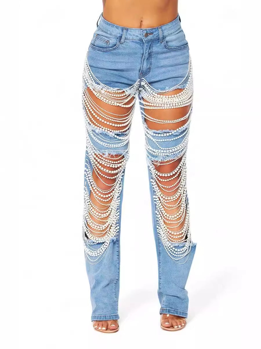 Upgrade your closet with 🔥2024's stylish chain embellished jeans!