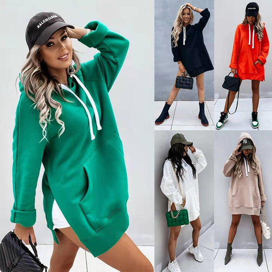 New Women's Solid Color Hooded Mid-Length Sweatshirt